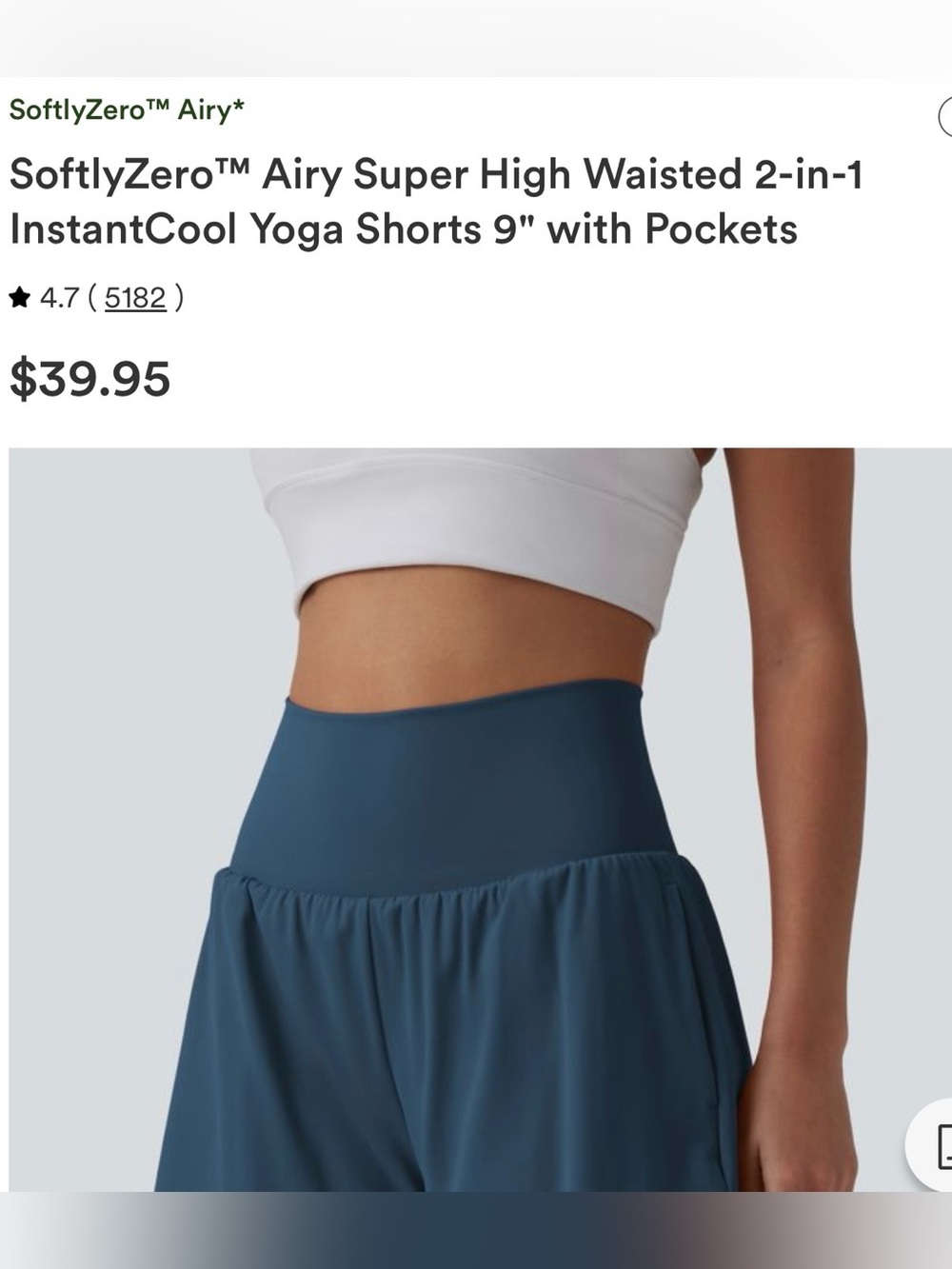 SoftlyZero™ Airy Super High-Waisted 2-in-1 InstantCool Yoga Shorts 9" - Blue NWT